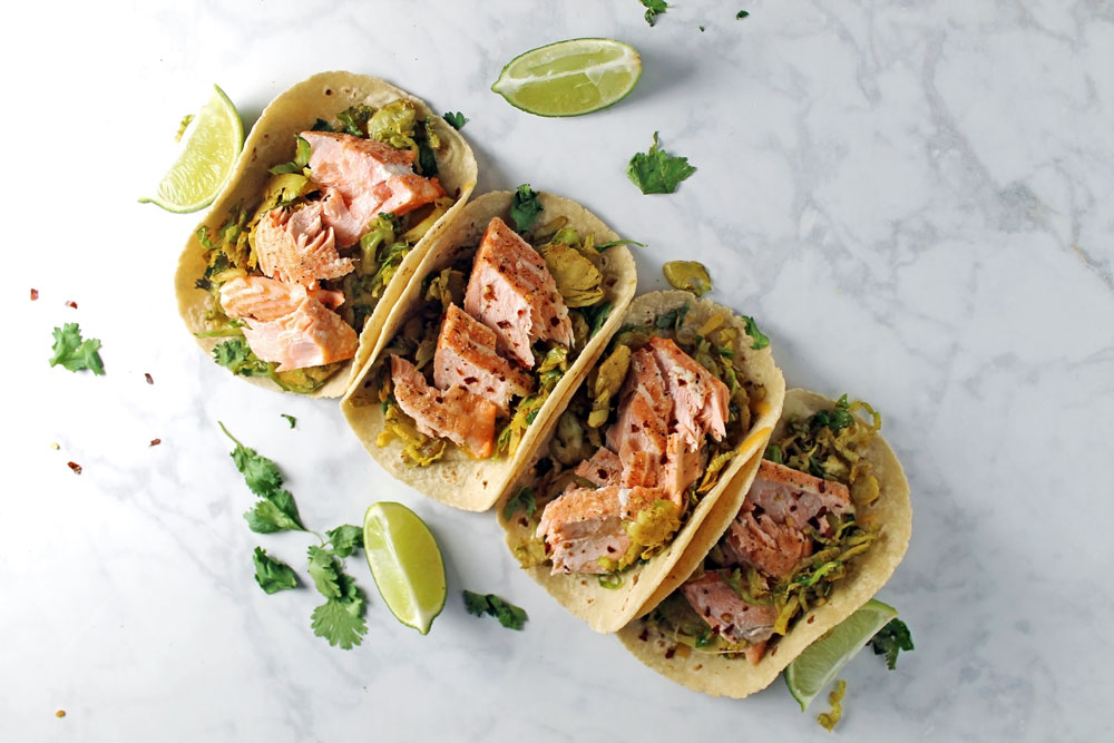 Salmon & Shredded Brussel Sprout Tacos